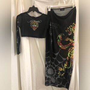 Ed Hardy black sheer red rhinestones crop top & skirt beach coverup set size M